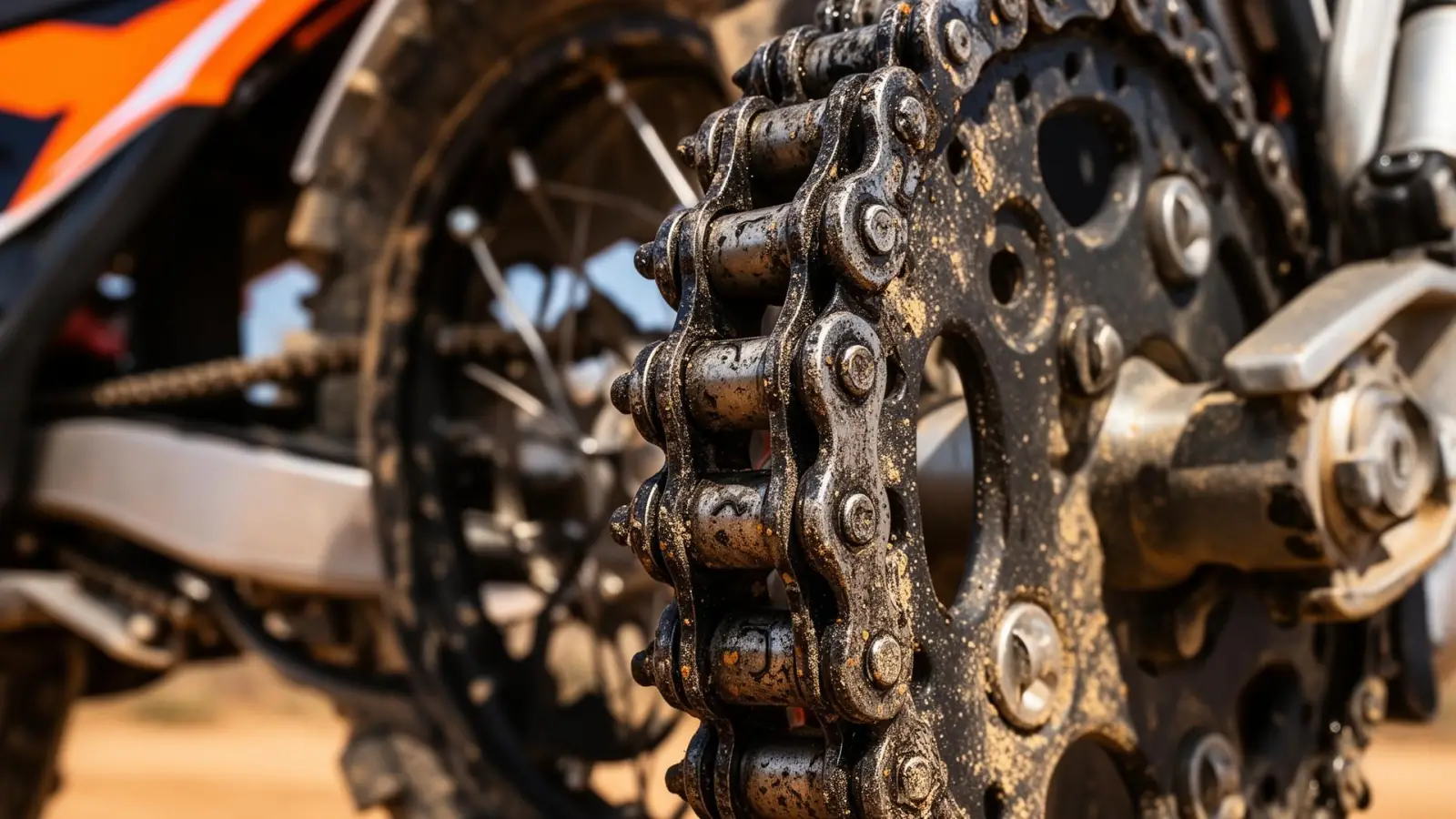 תקריב של שרשרת אופנוע שטח KTM על גלגל שיניים אחורי