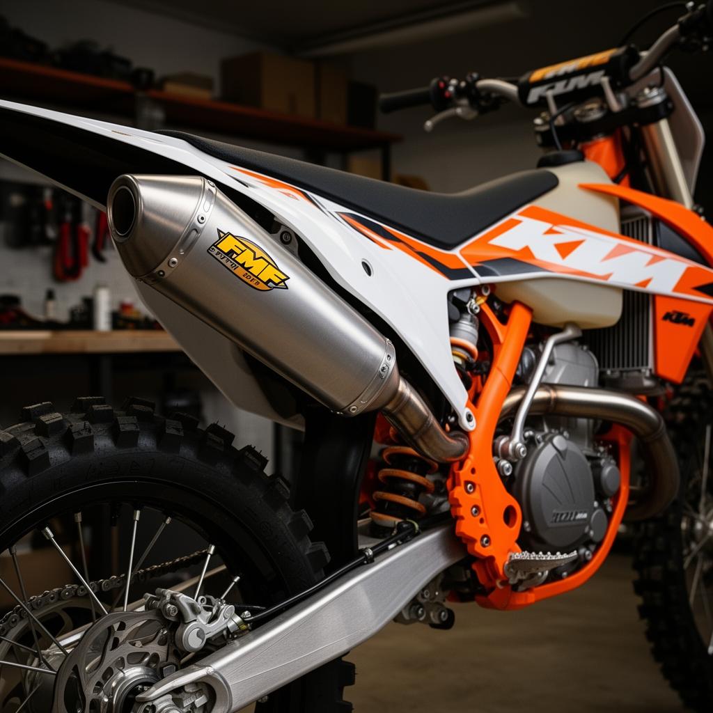 אגזוז FMF על אופנוע אנדורו KTM במוסך, צילום צד של הסיילנסר וצינור ההדר