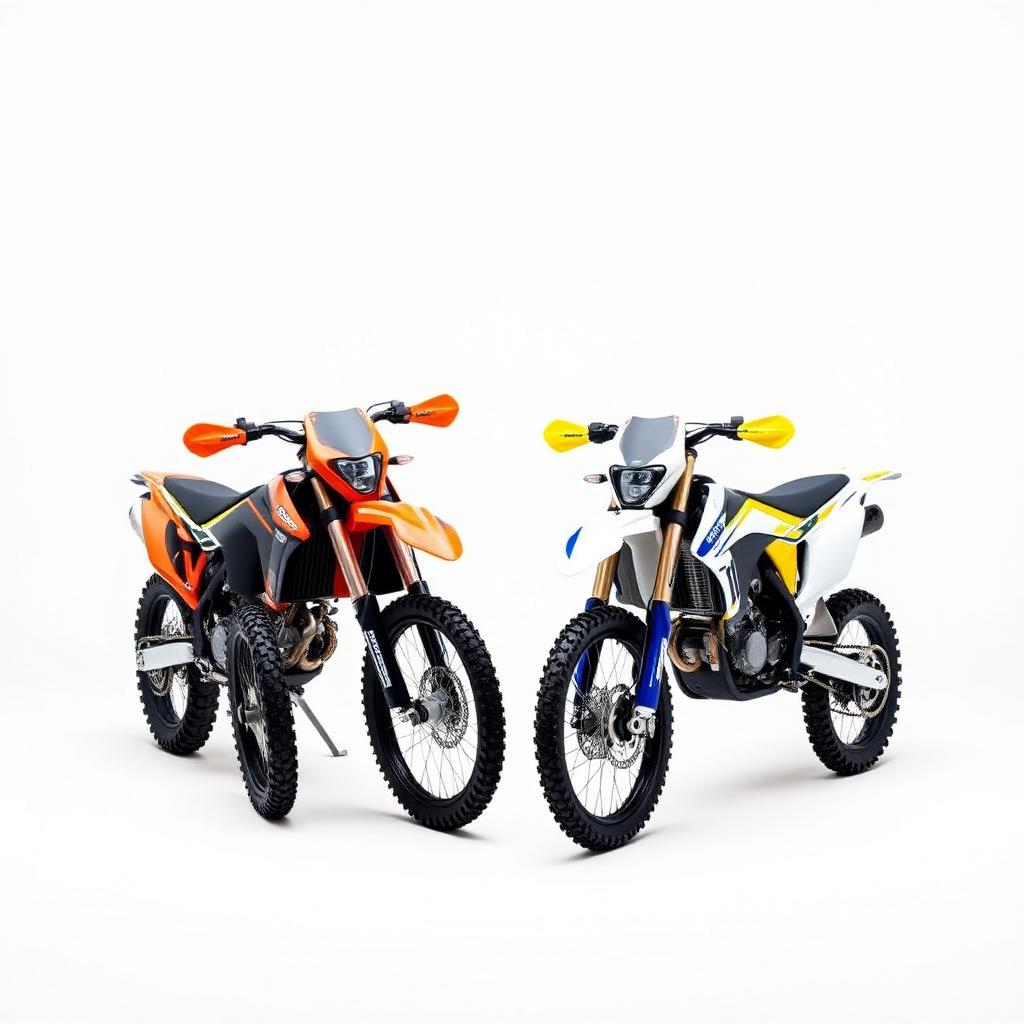 השוואה ויזואלית בין KTM 350 EXC-F כתום ל-Husqvarna FE 350 לבנה-כחולה זה לצד זה