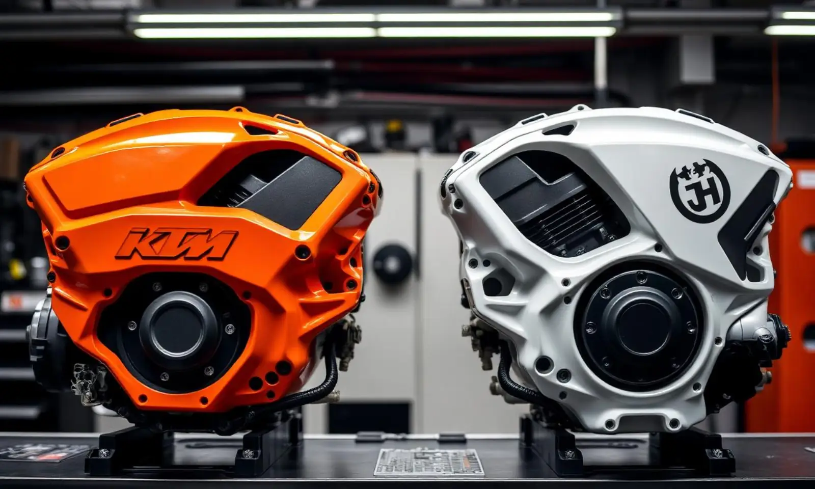 מנוע KTM כתום ומנוע Husqvarna לבן זה לצד זה על שולחן עבודה - מספרי חלקים זהים