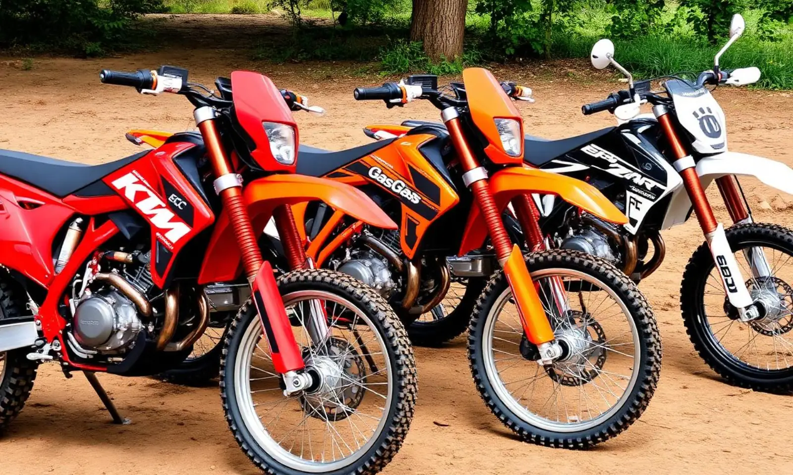 שלושה אופנועי אנדורו זה לצד זה - GasGas EC אדום, KTM EXC כתום ו-Husqvarna TE לבן
