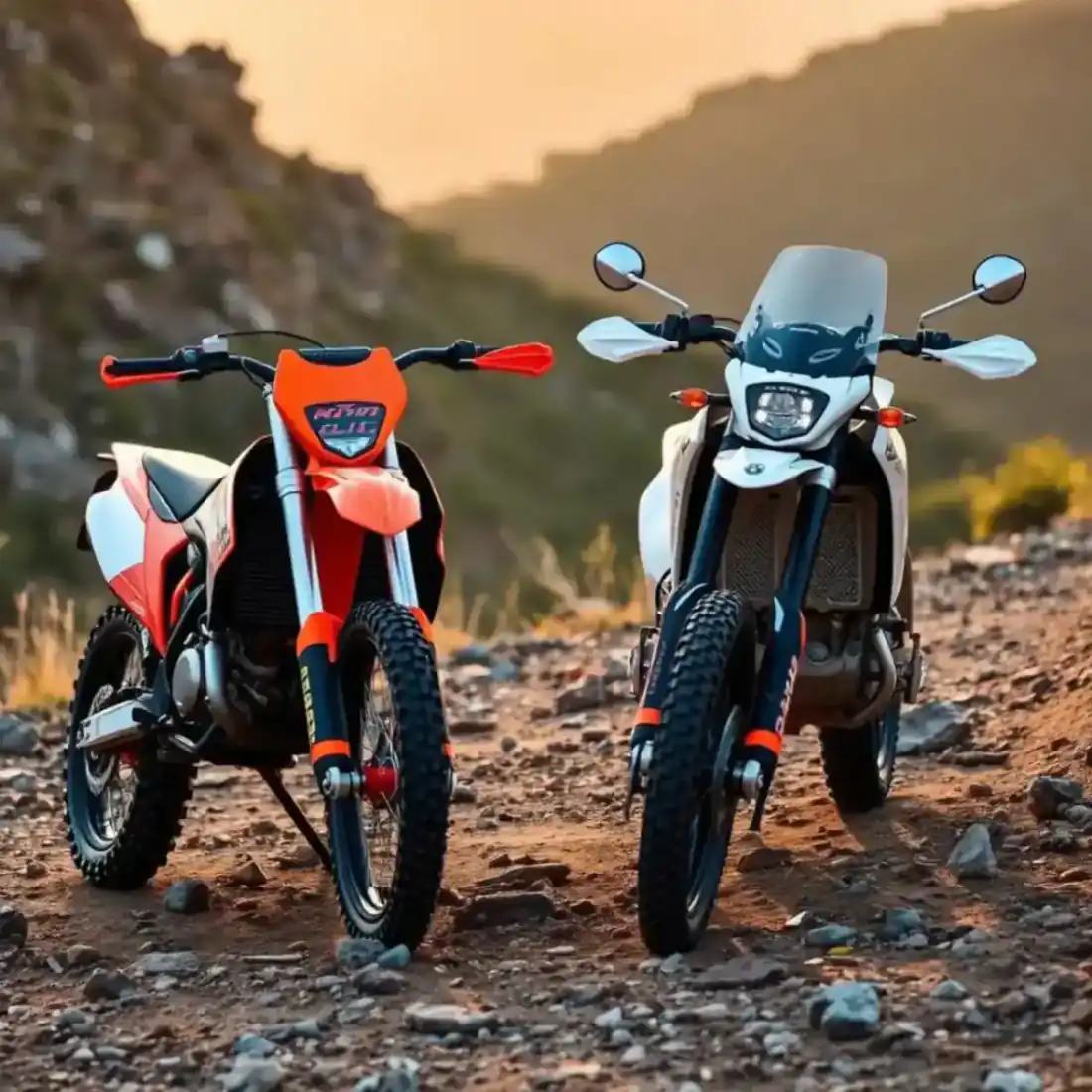 אופנוע KTM EXC כתום לצד אופנוע Husqvarna TE לבן על מסלול עפר