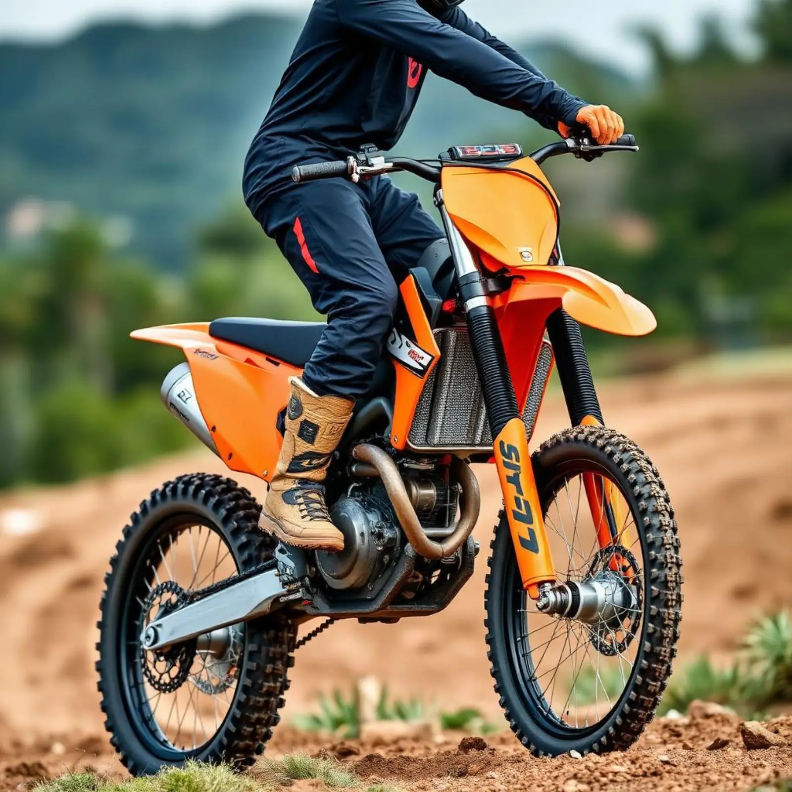 רוכב אנדורו בעמידת אטאק קלאסית על KTM EXC כתום במסלול שטח