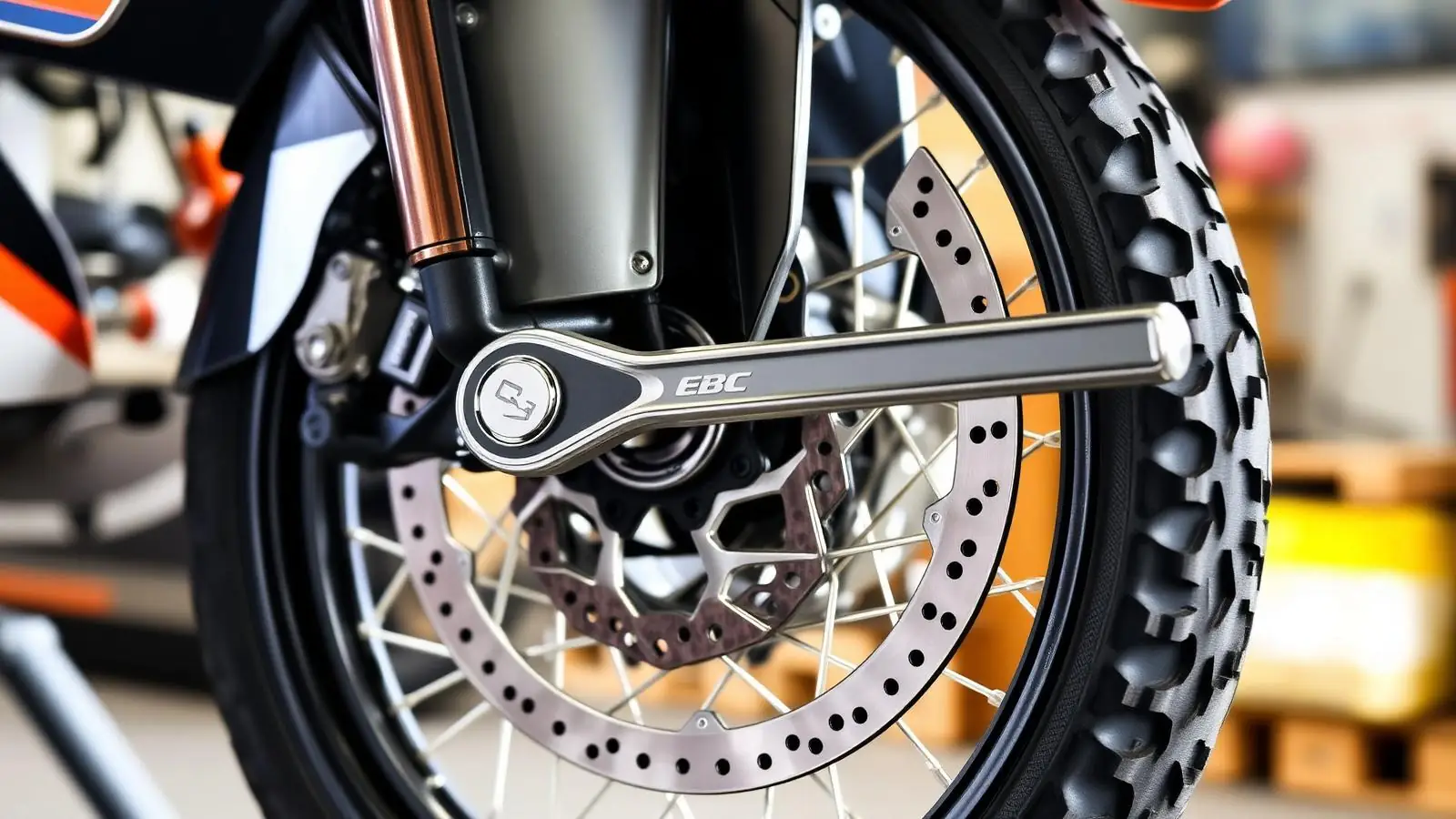 דיסק בלם של אופנוע אנדורו KTM עם רפידות EBC חדשות ומפתח טורק במוסך