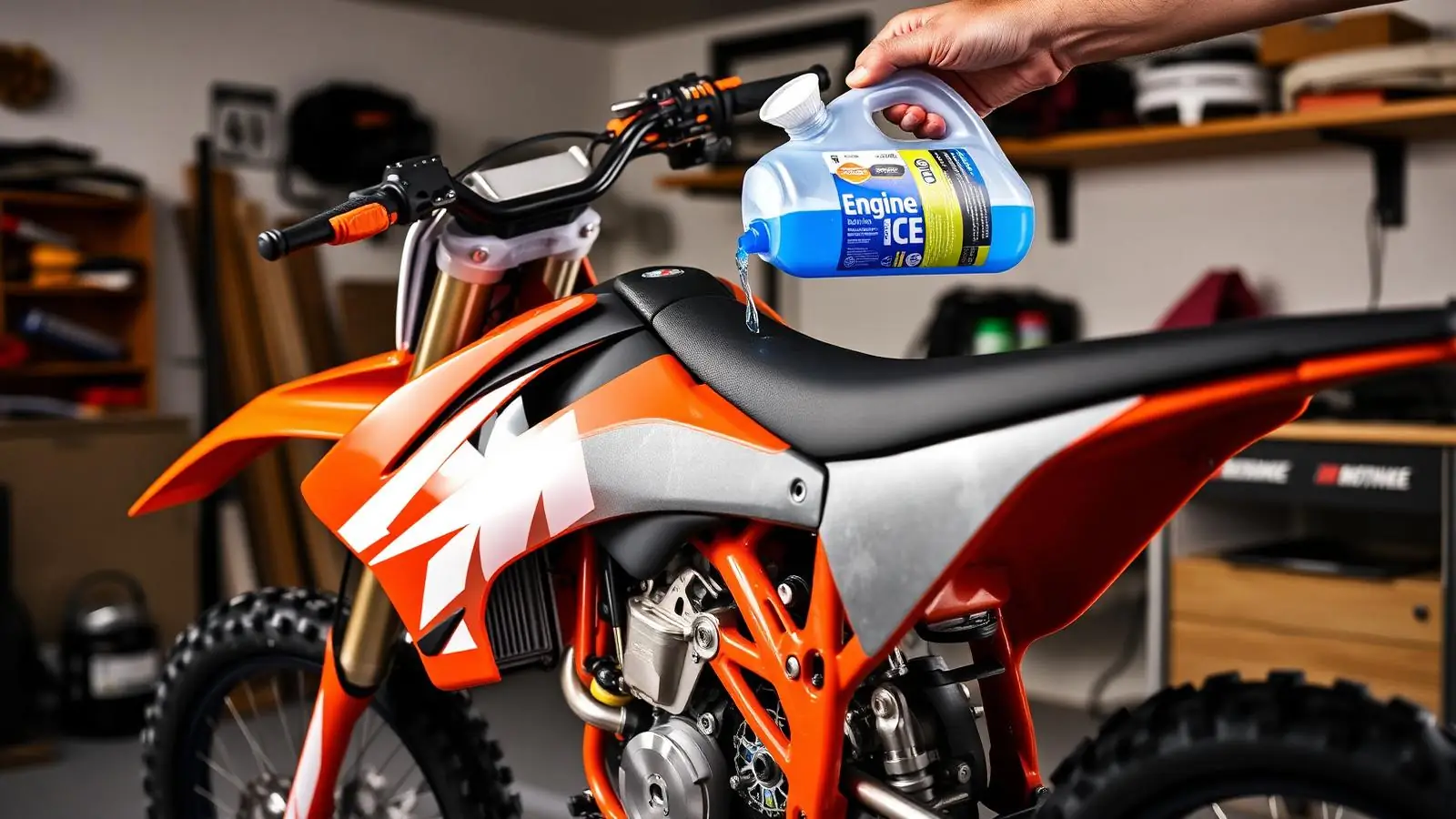 מילוי קולנט Engine Ice לרדיאטור של KTM EXC במוסך ביתי
